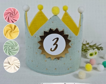 Birthday crown, crown birthday, fabric crown muslin with name, crown for birthday child, menthol/stars gold, with ribbons
