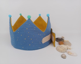 Birthday crown, fabric crown muslin, crown with Velcro fastener, birthday child, color: jeans blue / mustard yellow / golden dots