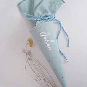 Sac Kita, sac à sucre, cartable, sac pour frères et sœurs en mousseline 35/70 cm. / menthol / étoiles d'argent