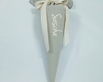 Daycare cone, school cone, candy cone, kindergarten cone made of muslin / light grey-beige - 35/70 cm