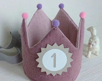 Birthday crown, fabric crown muslin, crown for birthday child, birthday party crown, color: purple / mauve with ribbons