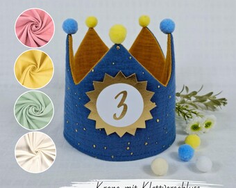 Birthday crown, fabric crown muslin with name, crown for birthday child with pompoms, color: blue/dots gold