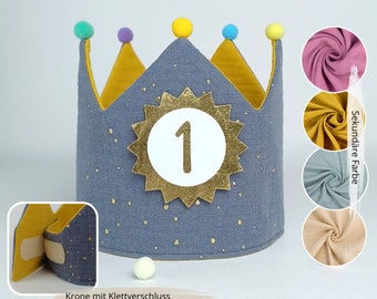 Birthday crown with Velcro fastener, fabric crown muslin, birthday party crown, crown for child's birthday, pompoms, with name, crown