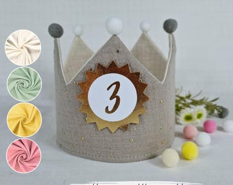 Birthday crown, fabric crown muslin with name, crown for birthday child with pompoms, color: light gray/gold stars