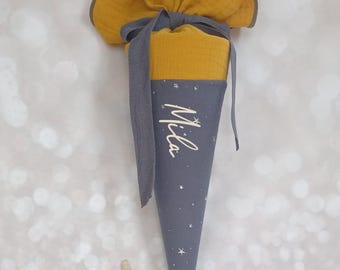 Daycare cone, school cone, candy cone, kindergarten cone made of muslin / mustard/grey - 35/70 cm