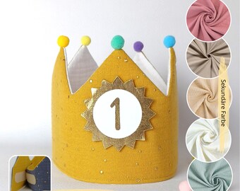 Birthday crown, birthday crown, fabric crown muslin, birthday party crown, crown, birthday child, pompoms, with name / mustard yellow