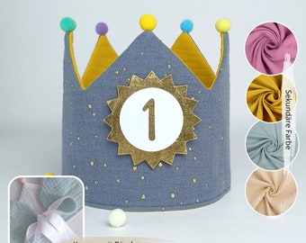 Birthday crown, Birthday Party Crown, Birthday child, fabric crown muslin, birthday crown with pompoms, grey with ribbons