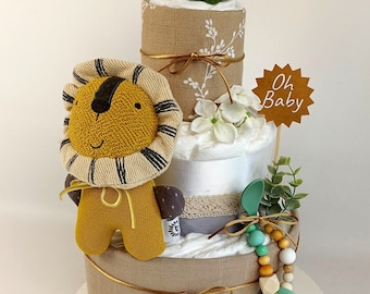 Diaper cake with muslin cloth, baby wooden rattle, terry cloth burp cloth, birth gift, baby shower diaper cake