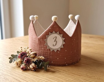 Personalized muslin birthday crown, crown with name, birthday, children's crown with ribbons or Velcro closure, terracotta