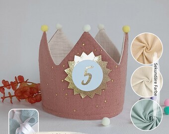 Birthday crown, fabric crown muslin, crown for birthday child, Birthday Party Crown, terracotta/golden dots with ribbons