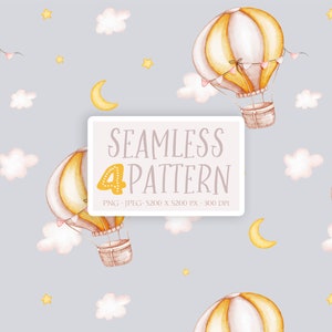 Hot Air Balloon Seamless Pattern. Nursery Watercolor Digital Paper. Hot air balloon, clouds and stars pattern. Sweat dreams PNG JPEG