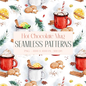 Christmas Seamless Pattern. Hot Chocolate Pattern. Watercolor Christmas Digital Paper. For Fabric Pattern, Scrapbook, Wrapping Paper. PNG