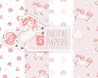 Unicorn Seamless Patterns. 5 Watercolor Digital Papers. Valentine's Day Seamless Pattern. Love, candy hearts, rainbow pattern. PNG JPEG