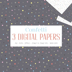 Könnte beinhalten: Drei digitale Papierdesigns mit Konfetti-Mustern. Die Muster sind auf grauem, weißem und schwarzem Hintergrund. Das Konfetti ist in verschiedenen Farben, darunter rot, gelb, blau und rosa. Der Text "Confetti 3 digitale Papiere" wird in der Mitte des Bildes angezeigt.