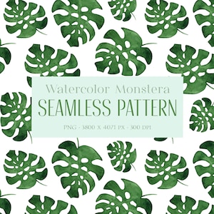 Tropical leaves digital paper. Monstera leaf Seamless Pattern. Exotic plant pattern. Watercolor green exotic leaves. Instant download. PNG