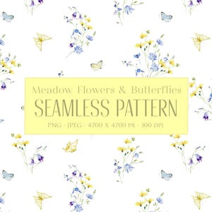 Puede incluir: Un patrón sin costuras con ilustraciones de acuarela de flores silvestres azules y amarillas y mariposas sobre un fondo blanco. El texto "Meadow Flowers & Butterflies Seamless Pattern PNG JPEG 4700 x 4700 PX 300 DPI" se muestra en un rectángulo amarillo.