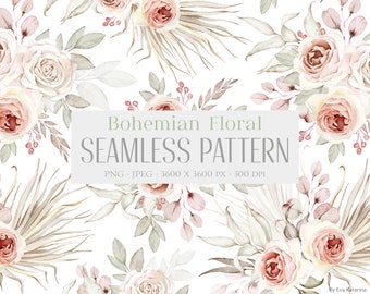 Boho Roses Seamless Pattern Watercolor Bohemian Floral Pattern Flowers Pattern Tropical Leaves Pale Pink Rose Digital Paper Fabric Pattern