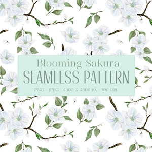 Blühendes Sakura Nahtloses Muster Kirschblüten Aquarell Weiße Blumen Zweig Floral Bouquet Surface Design Digital Paper Download PNG