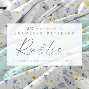 Peut inclure: 20 motifs sans couture aquarelle sur le thème rustique. Les motifs présentent des canards, des oies, des poulets et des fleurs sauvages dans des tons de bleu, jaune et vert.