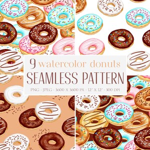 Watercolor Donut Seamless Pattern. Sprinkle Donut Paper. Digital paper. Donut wallpaper. Donut background. Sweet bakery pattern. PNG & JPEG