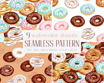 Aquarell Donut Nahtloses Muster. Sprinkle Donut Papier. Digitales Papier. Donut Tapete. Donut Hintergrund. Süßes Backmuster. PNG & JPEG