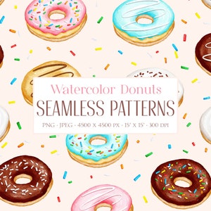Watercolor Donut Seamless Pattern. Sprinkle Donut Paper. Digital paper. Donut wallpaper. Donut background. Sweet bakery pattern. PNG & JPEG