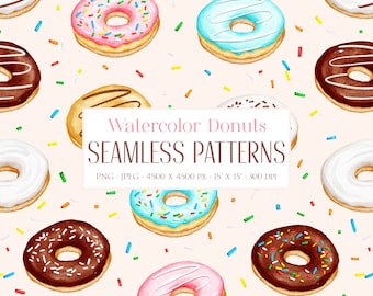 Aquarell Donut nahtlose Muster. Donut Papier bestreuen. Digitales Papier. Donut Tapete. Donut Hintergrund. Süßes Backmuster. PNG & JPEG