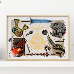 Könnte beinhalten: Ein gerahmter Druck einer farbenfrohen Illustration mit verschiedenen Fantasy- und mittelalterlichen Symbolen, darunter ein Drache, ein Schwert, ein Helm und ein goldener Kreis mit einem Kreuz darin. Die Illustration ist im traditionellen Tattoo-Stil gehalten.