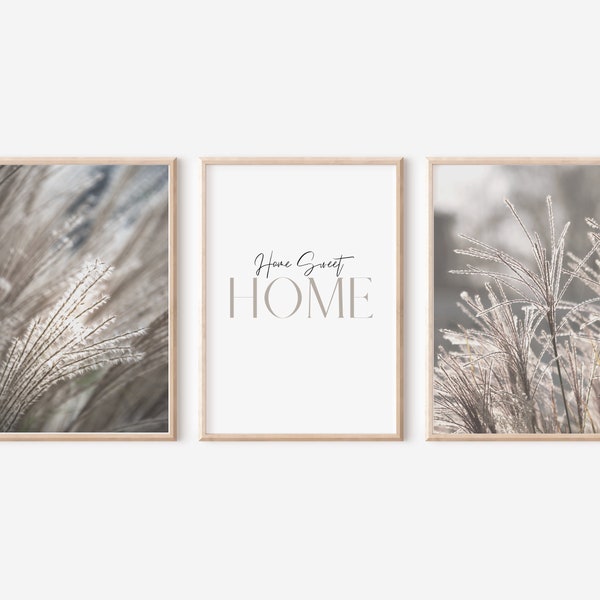 Set of 3 prints, digital prints, beige grass boho poster set with home lettering, decoration for living room, bedroom, hallway, apartment