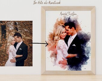 Hochzeit Portrait, Gemälde personalisiert mit Namen oder Datum, Gemälde vom Foto, Poster, Leinwand oder digitale Datei, Unikat.