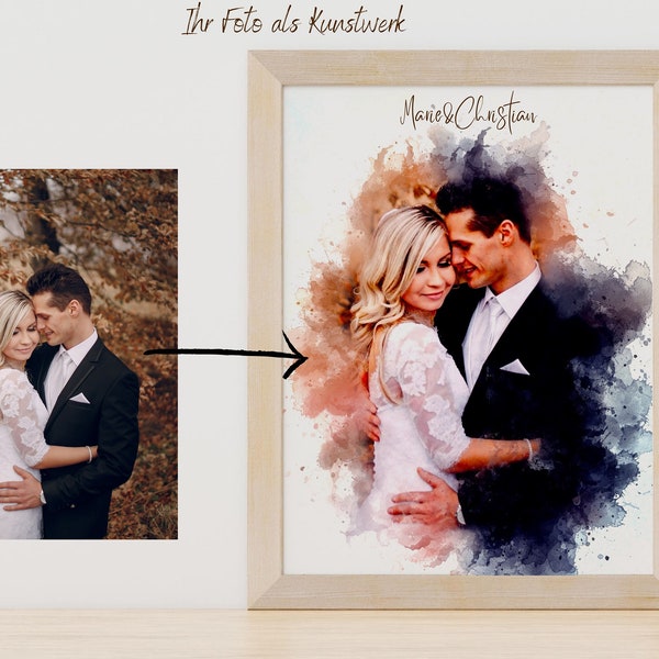 Hochzeit Portrait, Gemälde personalisiert mit Namen oder Datum, Gemälde vom Foto, Poster, Leinwand oder digitale Datei, Unikat.