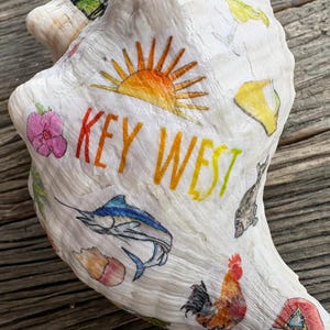 May include: A large, white conch shell decorated with colorful illustrations and the words "KEY WEST." The artwork includes a sunrise, a marlin, a rooster, and a pink flower. The shell rests on a weathered wooden surface.