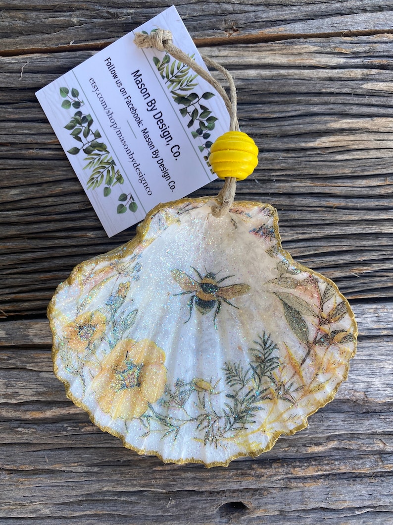 Bee Ornament, Honey Bee, Shell Ornament, Bees, Decoupage Bee Shell ...
