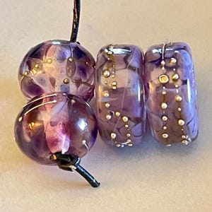 Set Of Artisan Made Purple Lampwork Disc And Rondelle Beads-.999 Silver Stringers-Jewelry Design Components
