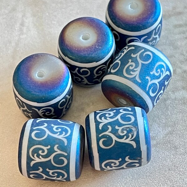 Set of 6 Vintage Blue Electroplated Glass Beads With White Scroll Design-12mm-Jewelry Design Components