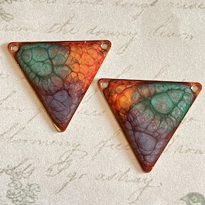 Artisan Made Enameled Copper Triangle Earring Components-Teal, Orange And Plum-25mm-Jewelry Design Components
