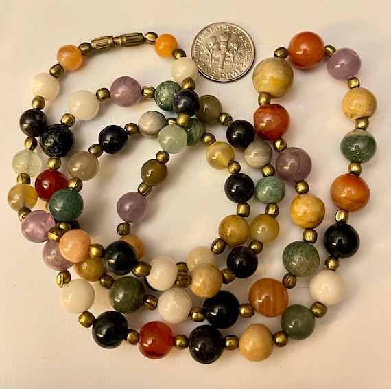 Vintage Necklace Polished Gemstone Beads And Bras… - image 1