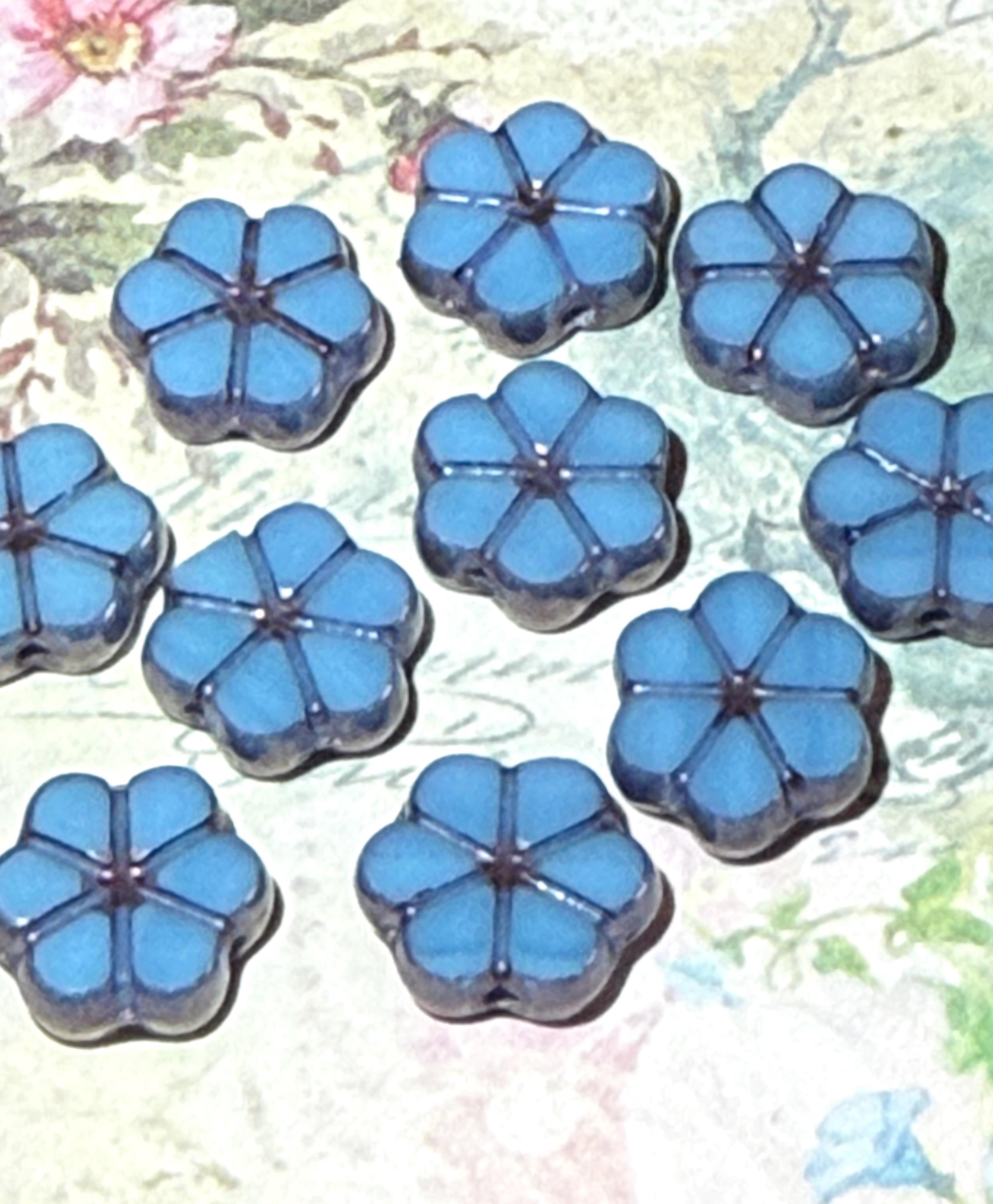 Lot Of 10 Czech Glass Table Cut Blue Forget-Me-Not Beads-10mm-Double Sided-Jewelry Design Components