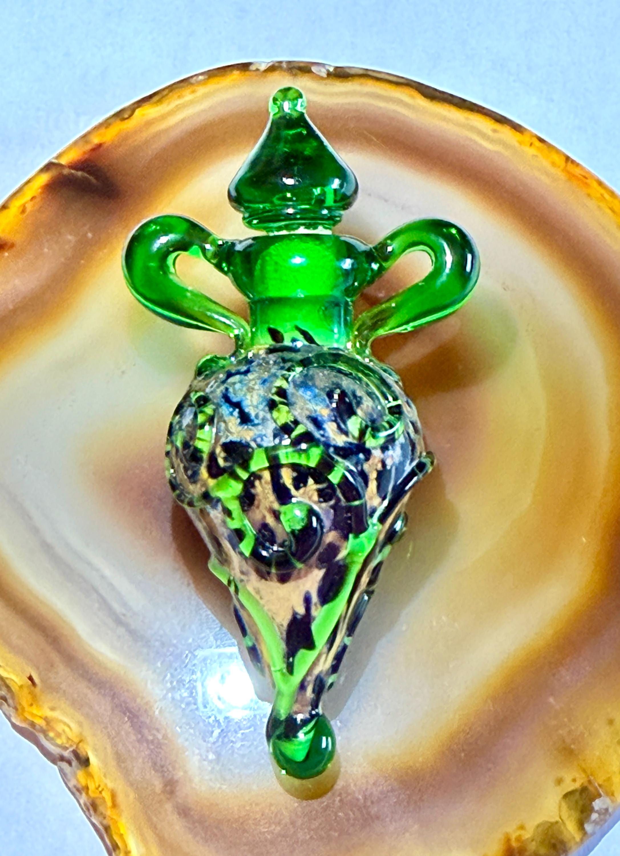 Artisan Lampwork Vessel Pendant: Green, Black, Gold - Removable Stopper