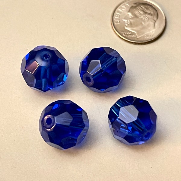Vintage Czech Cobalt Blue Faceted Glass Beads-14mm With 2mm Hole-Set of 4-Jewelry Design Components