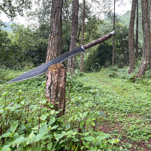 Big Falcata sword with Straight Handle, Long Kukri Machete Handmade in Nepal, 23 " Etched Carbon Steel Black Blade, Cosplay Gifts for him