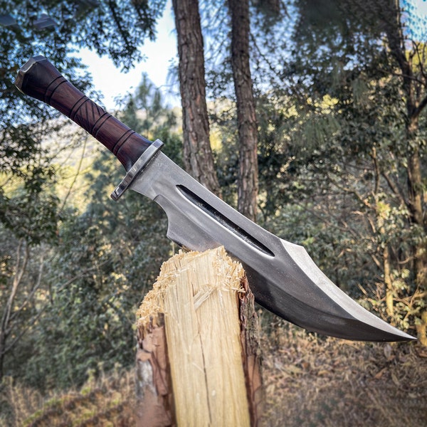 Handmade Ready to Use Bowie Knife with Leather Sheath-13 Inch 5160 Carbon Steel & Full Tang Rosewood Handle-Personalized Gift for Him