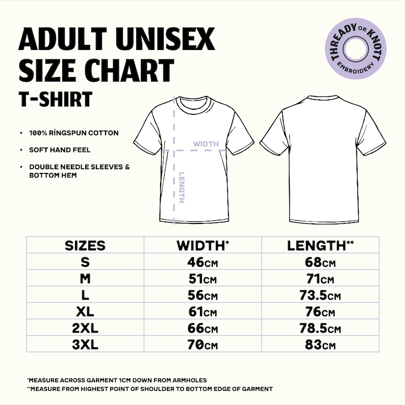 unisex t shirt size guide for embroidered t shirt