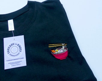 Ramen, noodles embroidered black t-shirt, embroidery, cute design, japan inspired, food t-shirt, ramen lover t-shirt, noodles lover t-shirt