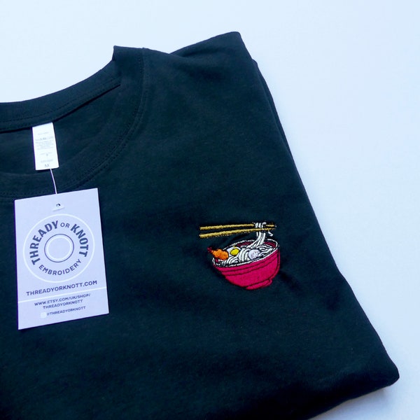 Ramen, noodles embroidered black t-shirt, embroidery, cute design, japan inspired, food t-shirt, ramen lover t-shirt, noodles lover t-shirt