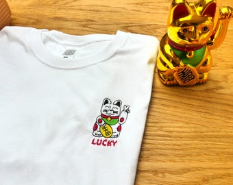 Lucky Cat embroidered white t-shirt, chinese new year, streetwear, casual outfit, tops and tees, comfy t-shirt