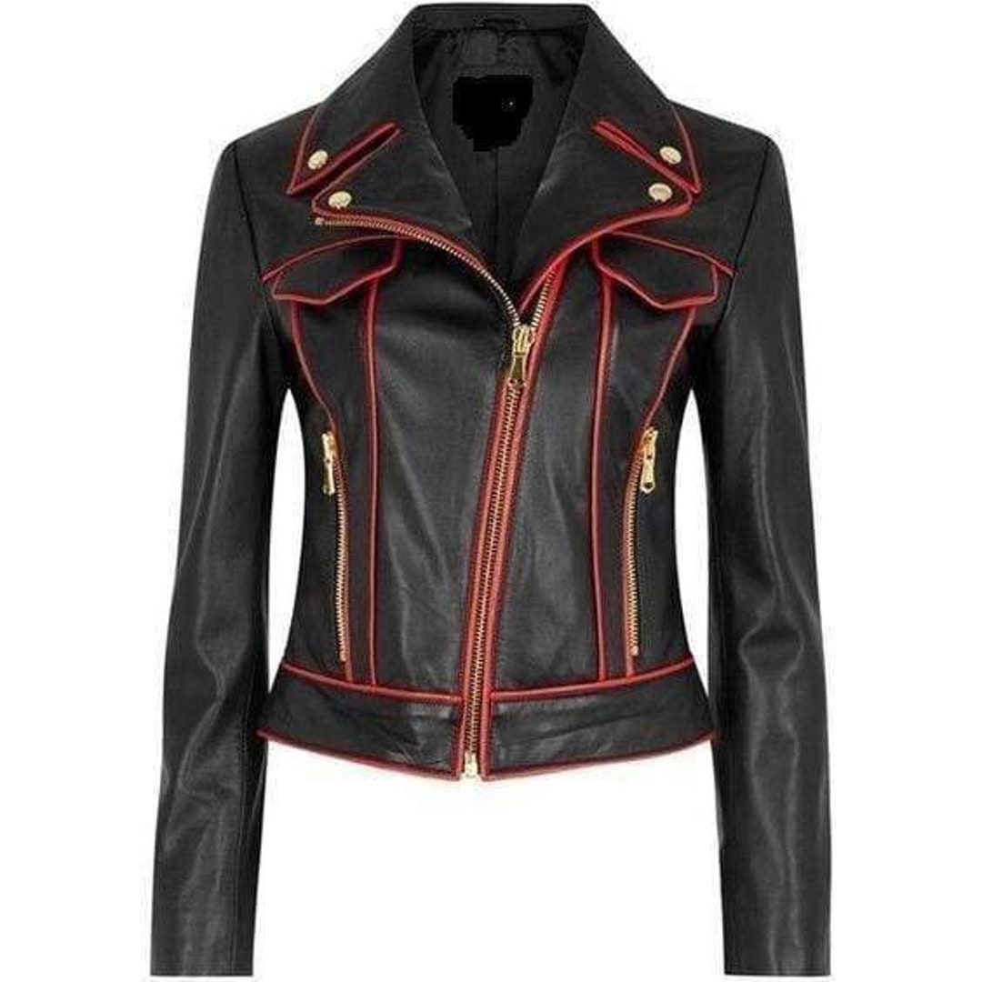 Womens Handmade Black Red Leather Zipper Jacket - Etsy