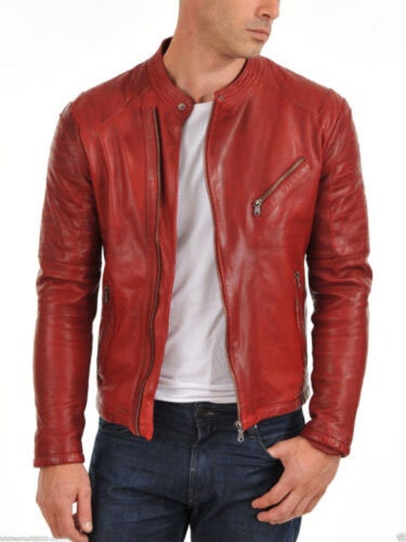 Men's Red Original Leather Jacket Biker Motorcycle Slim - Etsy