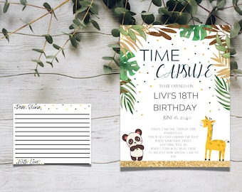 Könnte beinhalten: Eine weiße Karte mit grünen und goldenen tropischen Blättern und Konfetti. Der Text lautet "Time Capsule to be opened on Livi's 18th Birthday June 16, 2040". Es gibt eine Panda- und eine Giraffenillustration.