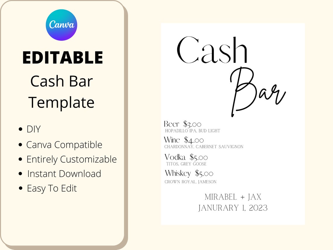 EDITABLE Cash Bar Menu Template for Printing Instant Download Etsy Canada